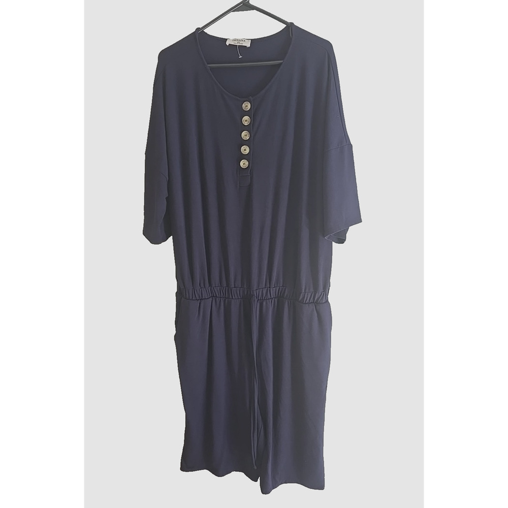 Zenana Navy Blue Henley Tie Waist One Piece‎ Short Sleeve Jumper Womans Size 3X